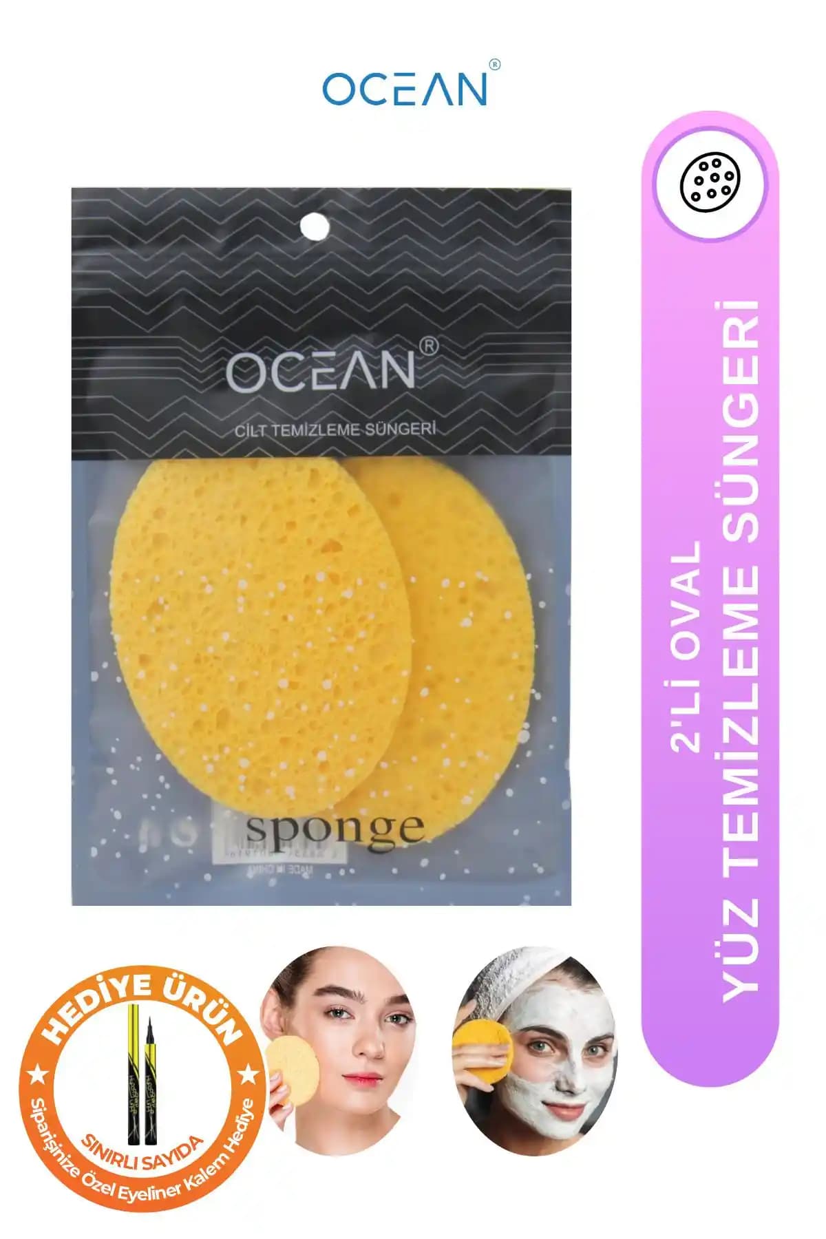 Ocean Sarı Yüz ve Makyaj Temizleme Süngeri Oval 2'li Klasik Güvenilir ve Doğal Temizlik Aracı