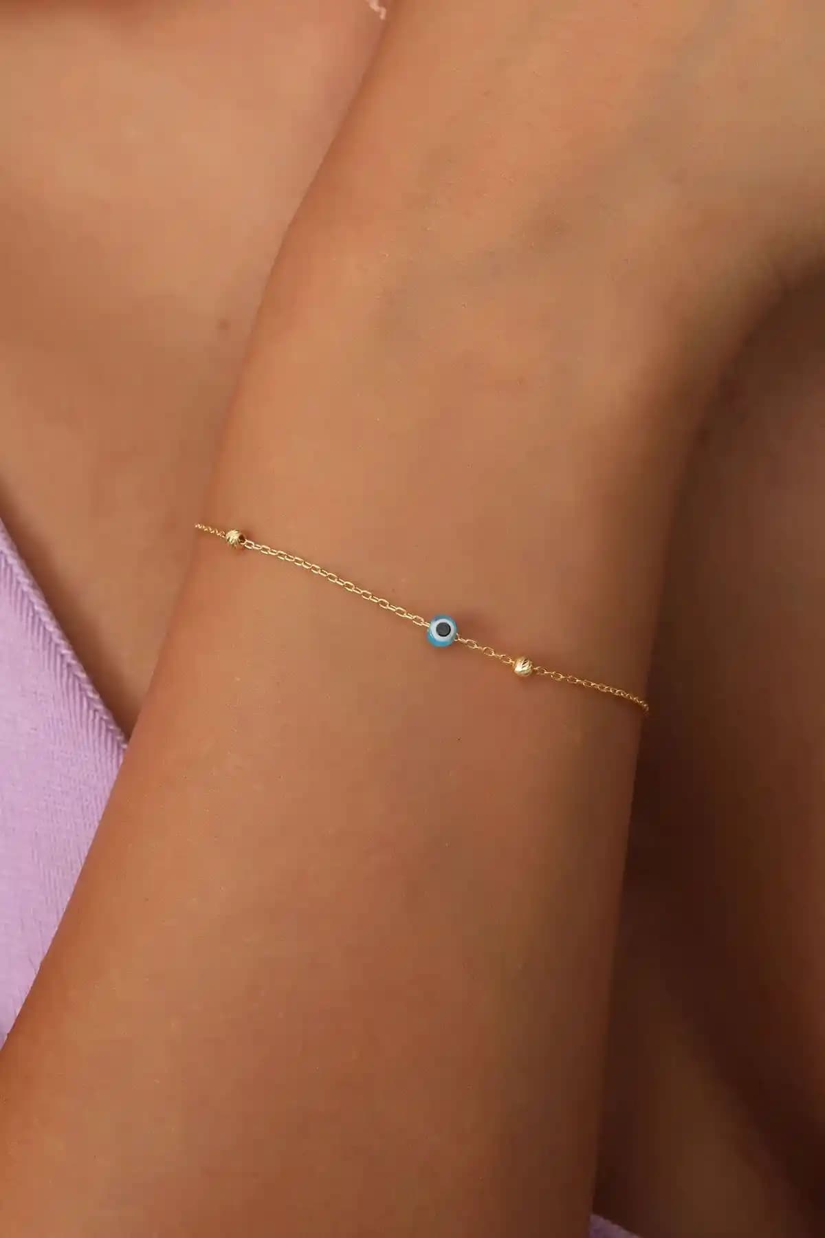 925 Ayar Gümsüz Zincirli Altın Kaplama Nazar Boncuklu Toplu Bileklik