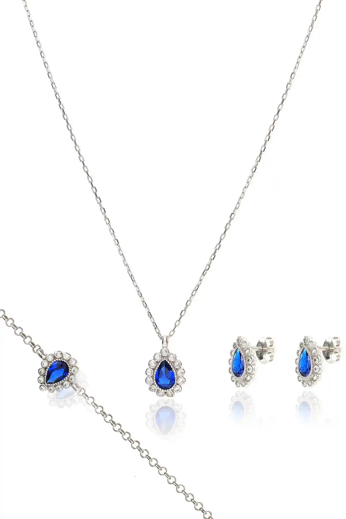 925 Ayar Gümüş Safir Taşlı Takı Seti Zarif ve Şık Tasarım İle Günlük ve Özel Kullanım