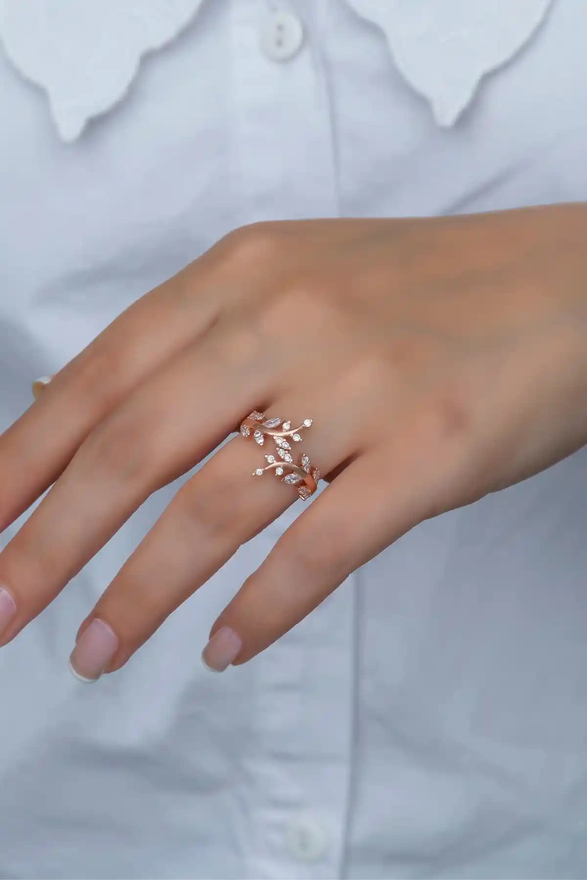 925 Ayar Gümüş Zeytin Dalı Tasarımlı Ayarlanabilir Zirkon Taşlı Yüzük