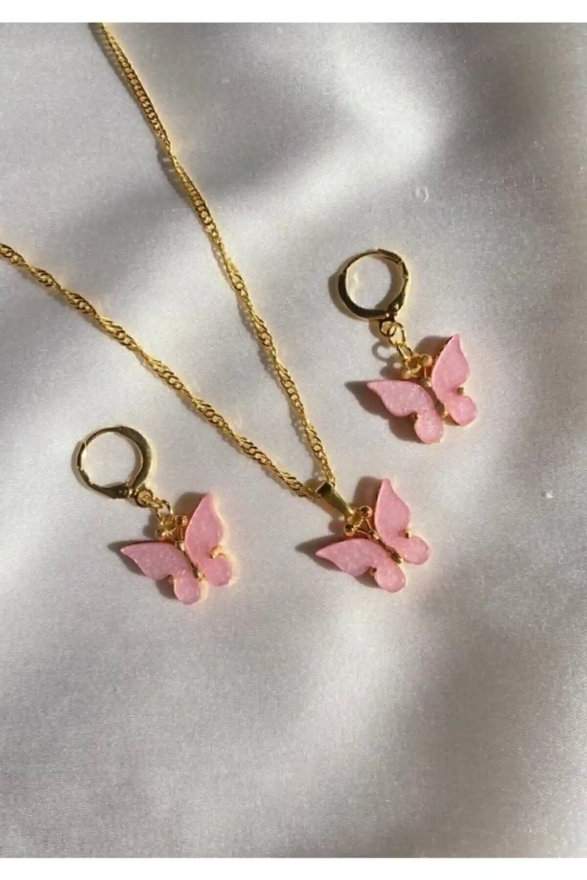 Asia Chic Marka Tasarımı Pembe Kelebek Motifli Altın Kaplama Takı Seti