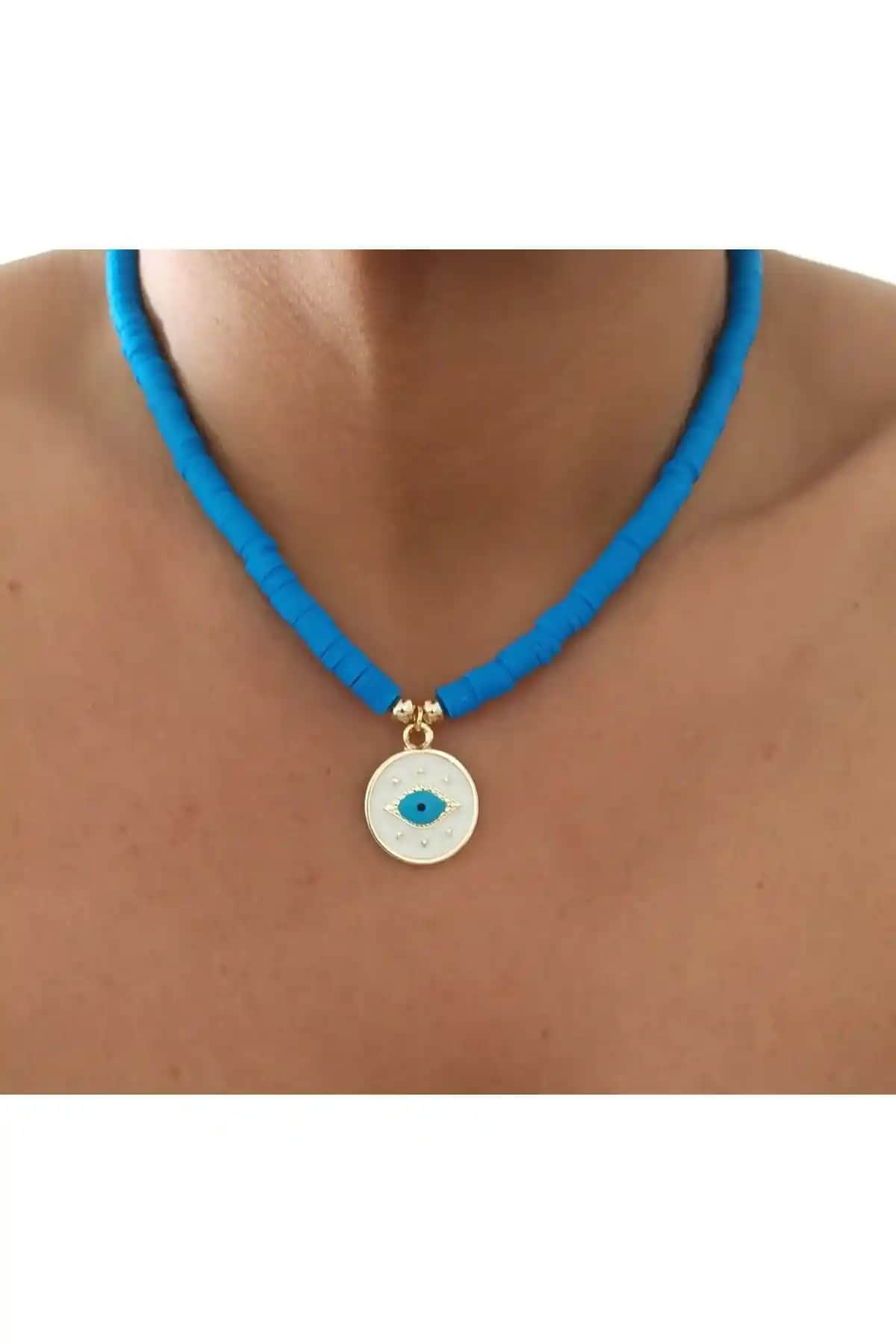 Denizdenal Mavi Fimo Kan Kolye Göz Detaylı Modern ve Şık Takı Seçeneği