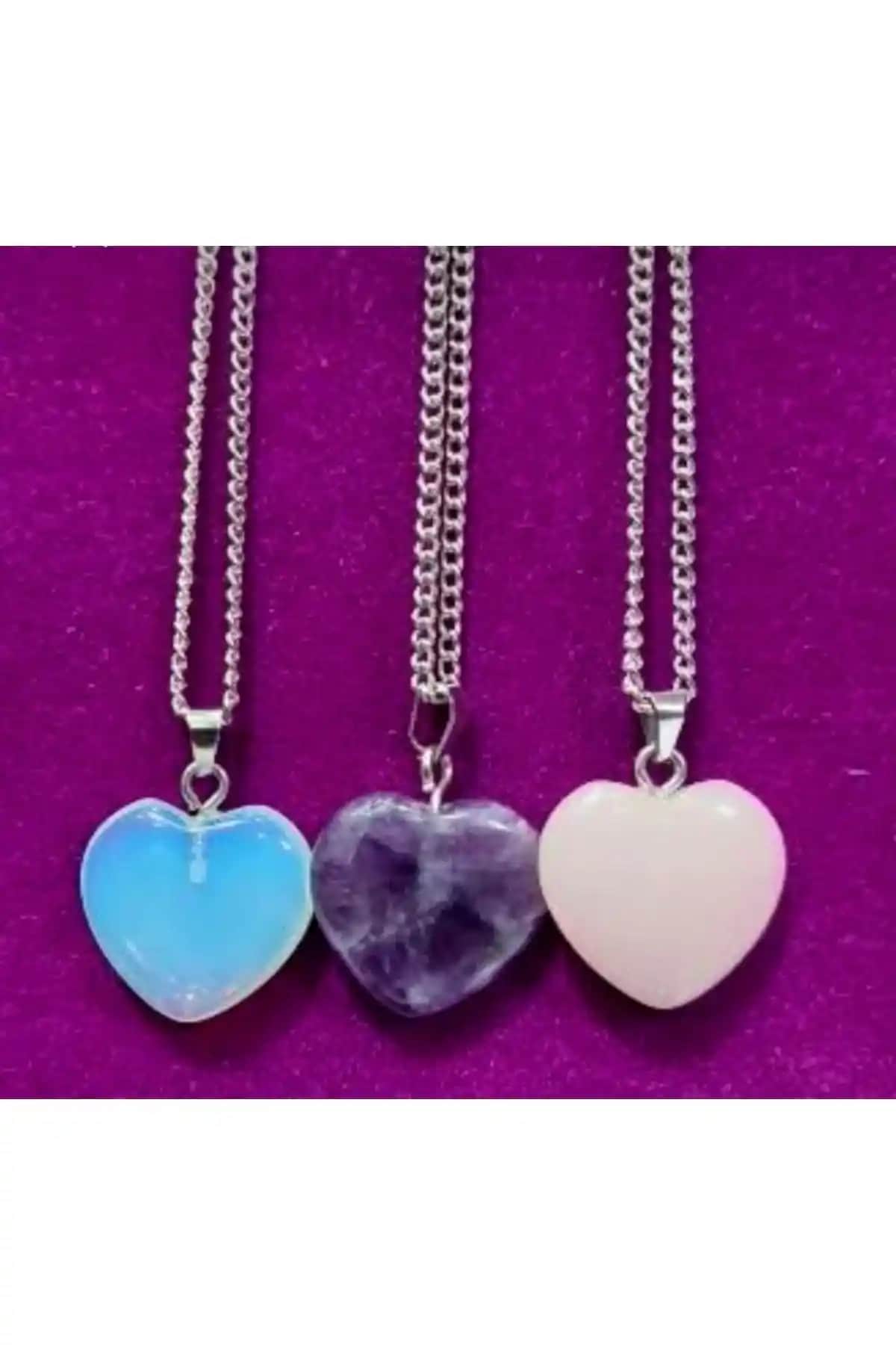 Doğal Taşlardan Oluşan Üçlü Kalp Model Kolye Seti Günlük ve Özel Kullanım İçin