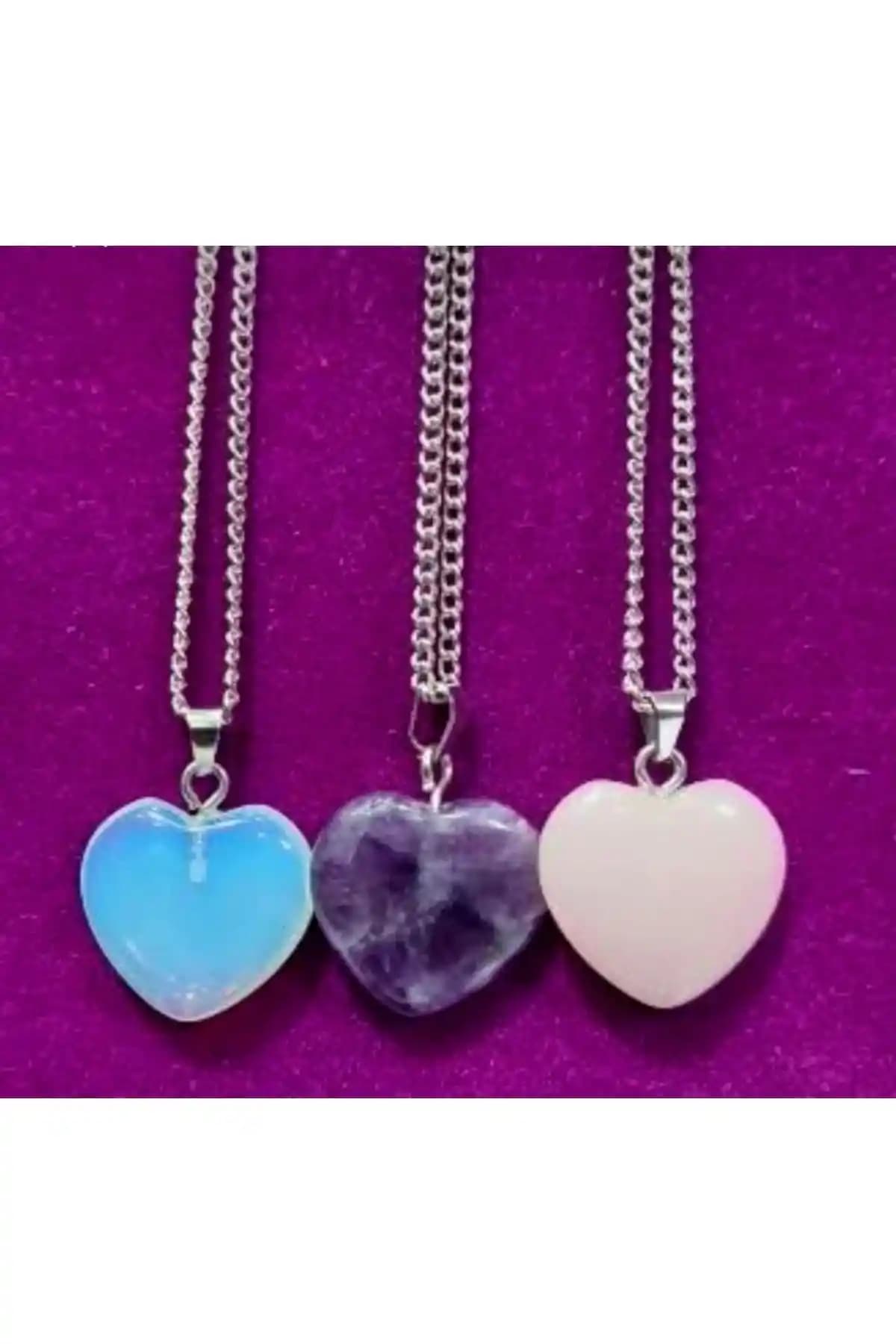 Doğal Taşlardan Oluşan Üçlü Kalp Model Kolye Seti Günlük ve Özel Kullanım İçin