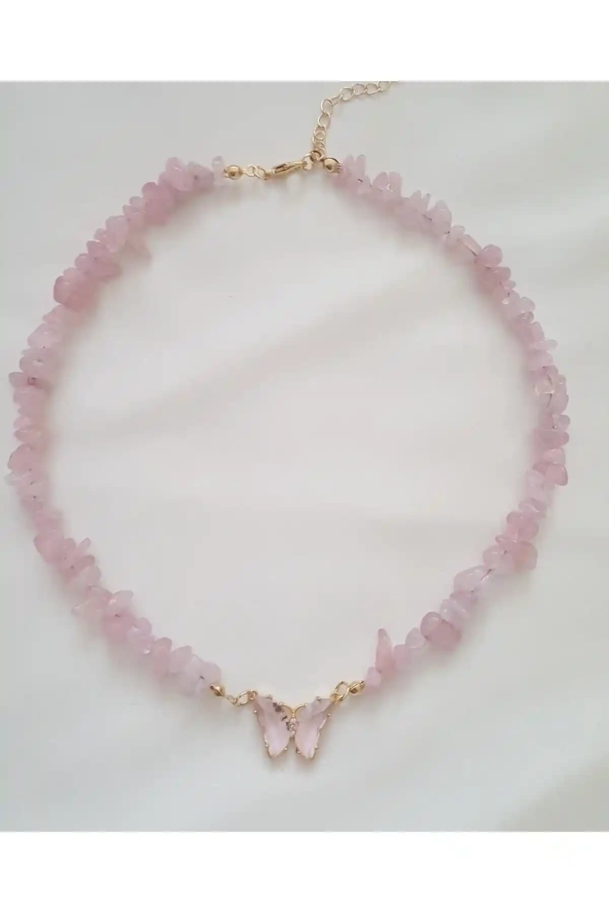 Genel Markalar Cam Kelebekli Pembe Kuvars Doğal Kırık Taş Kolye Ürün Tanıtımı ve Özellikleri