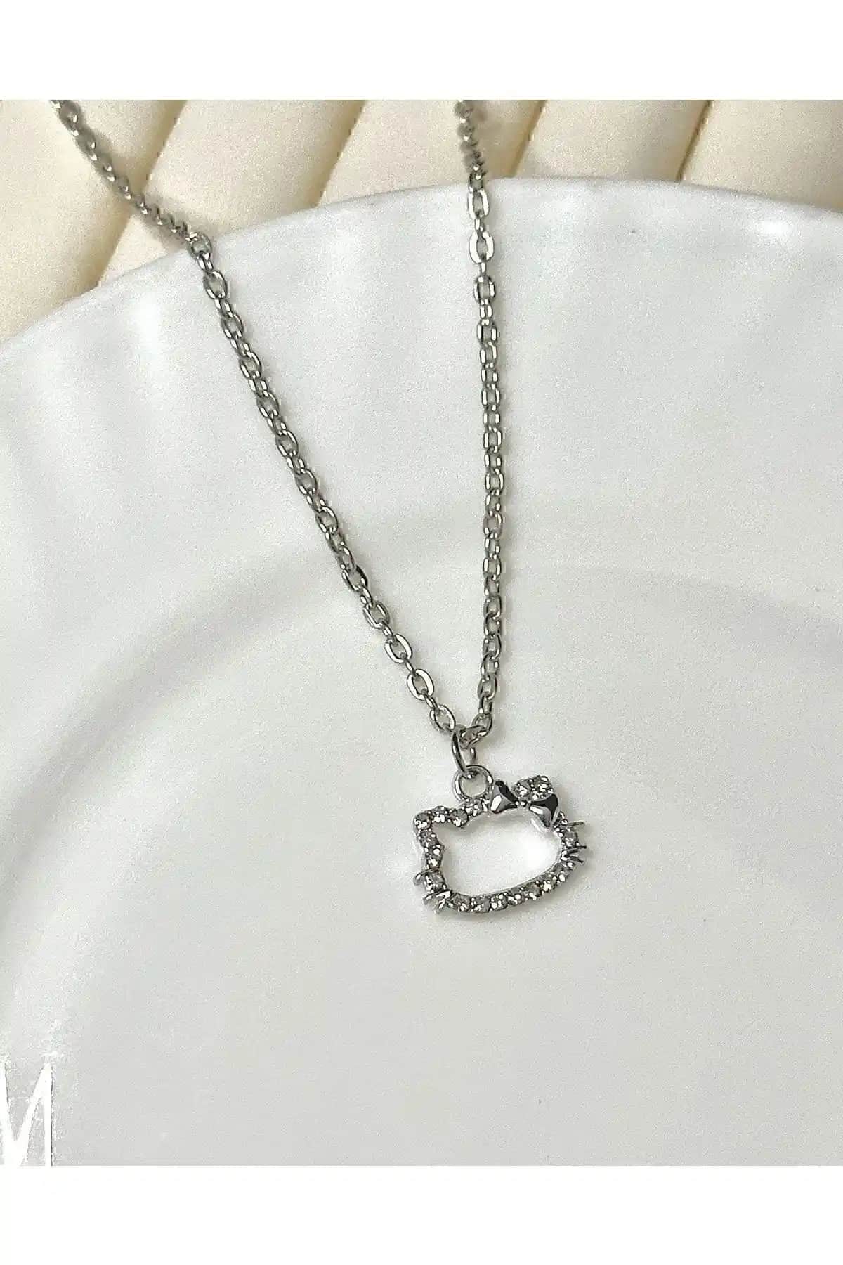 Genel Markalar Kedi Figürlü Zircon Taşlı Parlak Gümüş Kaplama Kolye (75-90 karakter)