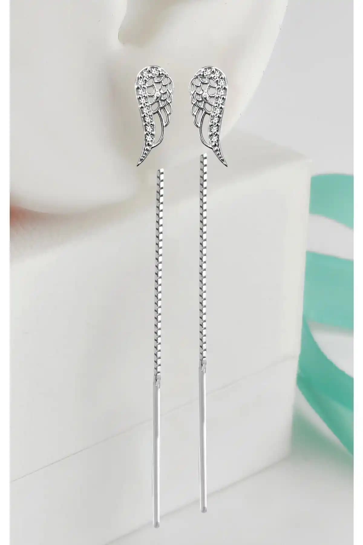 Jelux Silver Gümenüş 925 Ayar Melek Kanadı Model Zincirli Küpe Şık ve Hafif Tasarım