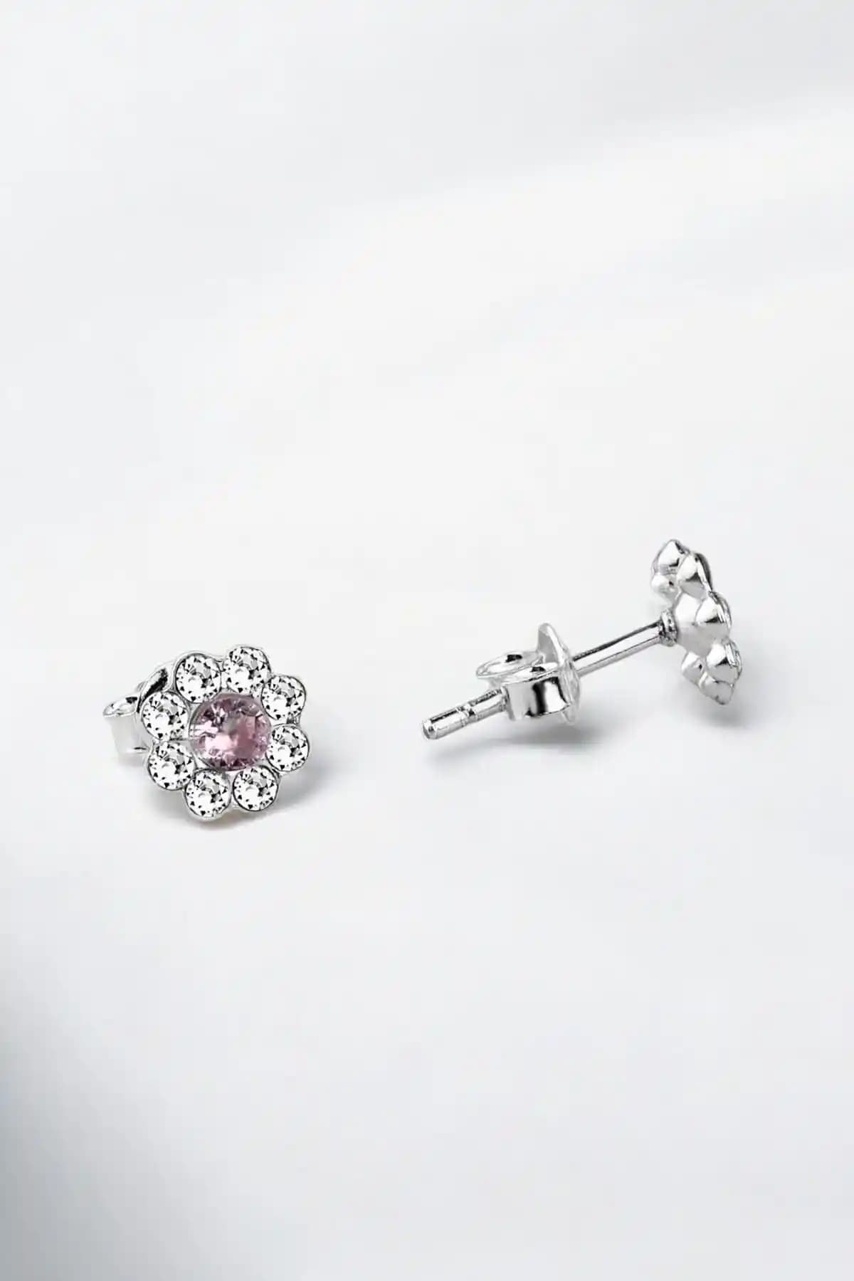 Jelux Silver Pembe Papatya Model Gümüş Çivili Küpe 925 Ayar Cam Taşlı Tasarım