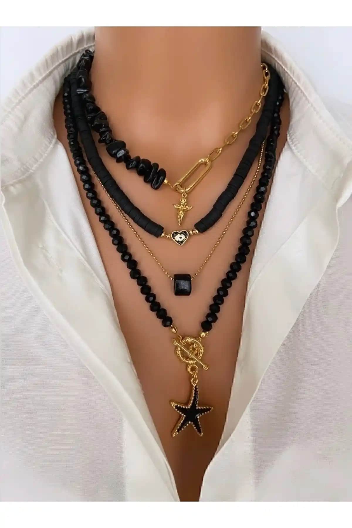 Kadın Siyah Doğaltaş Çoklu Kolye - Zarif ve Dayanıklı Takı Tasarımı