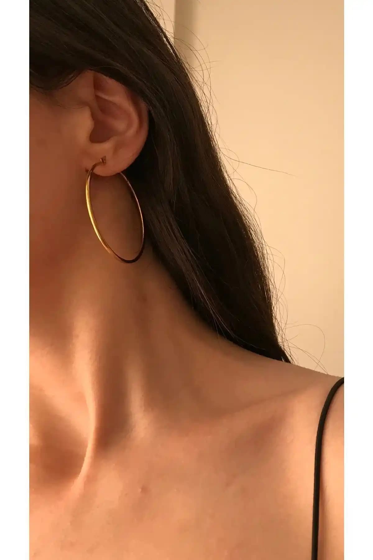 Opia Jewelry Altın Renk Çelik Halka Küpe 5cm Zarif ve Dayanıklı Tasarım