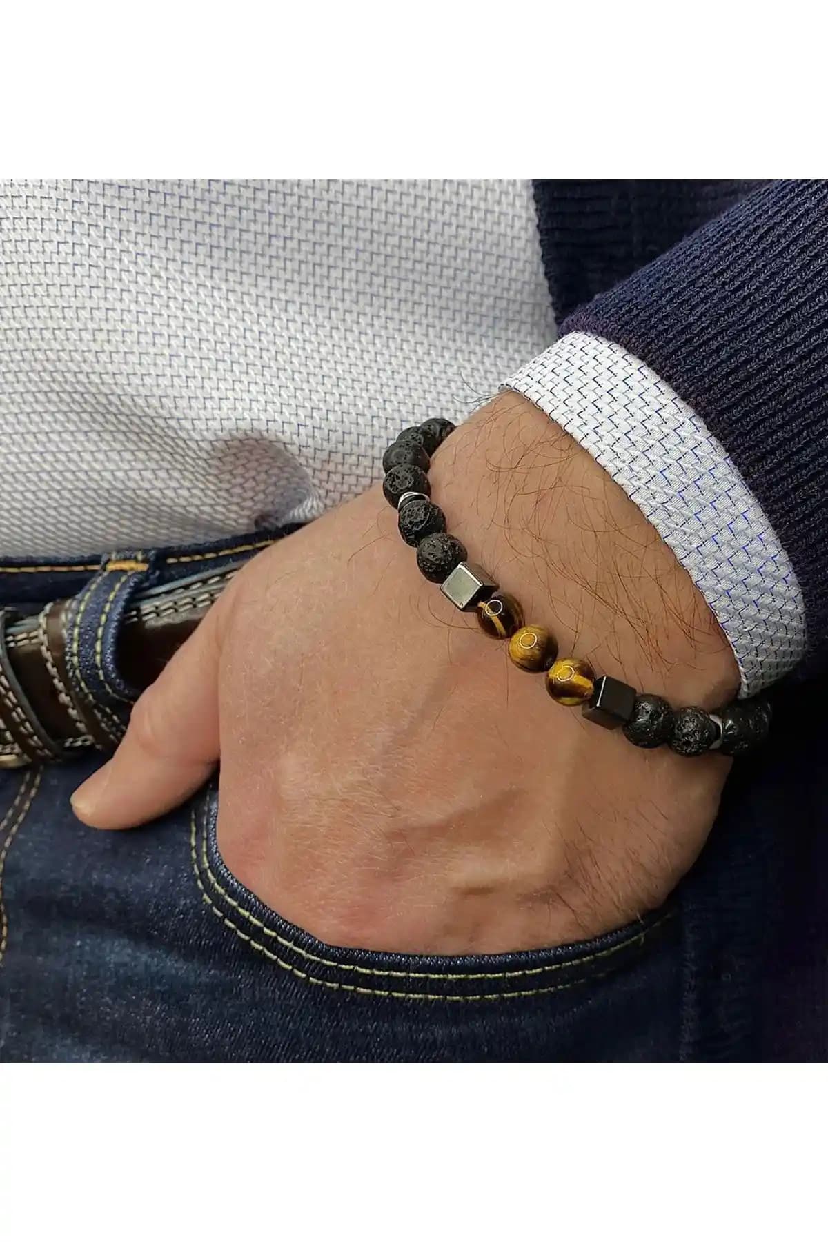 Padore Accessory Unisex Doğal Taş Bileklik Kaplan Gözü Lav ve Hematit Tasarımı