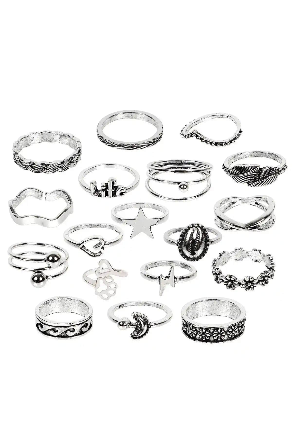 Pelin Aksesuar 18 Adet Deniz Kabuğu ve Çiçek Figürlü Çoklu Yüzük Seti