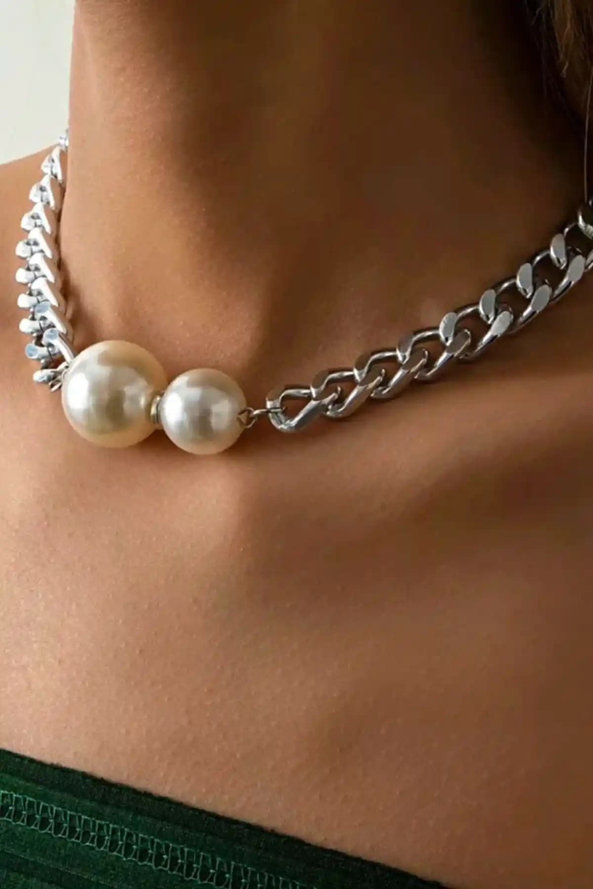 PETEK AKSESUAR Çift İnci Zincir Choker Kolye Şık ve Zarif Günlük ve Özel Gün Kullanımı