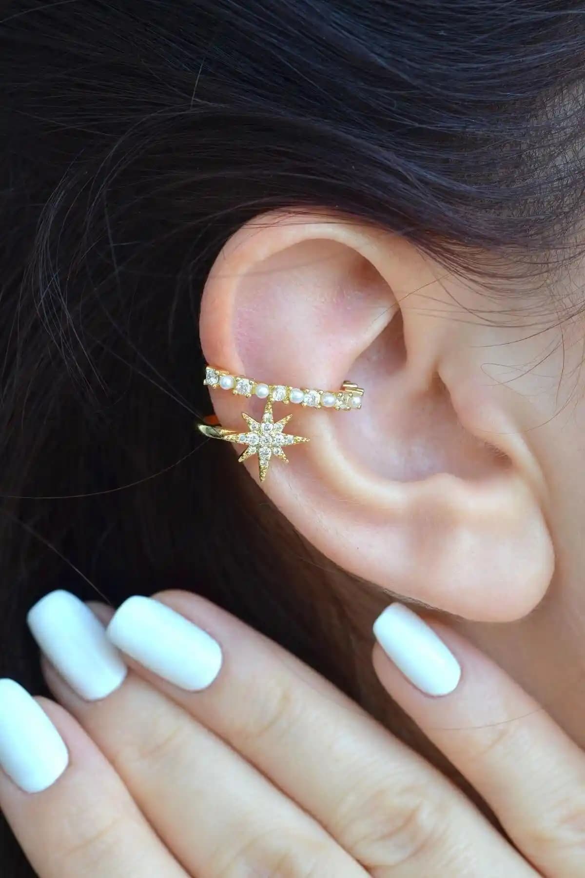 Sacce Scarves&Accessories Kutup Yıldızı Detaylı Mini İnci'li Earcuff Küpe İnce ve Dayanıklı Tasarım