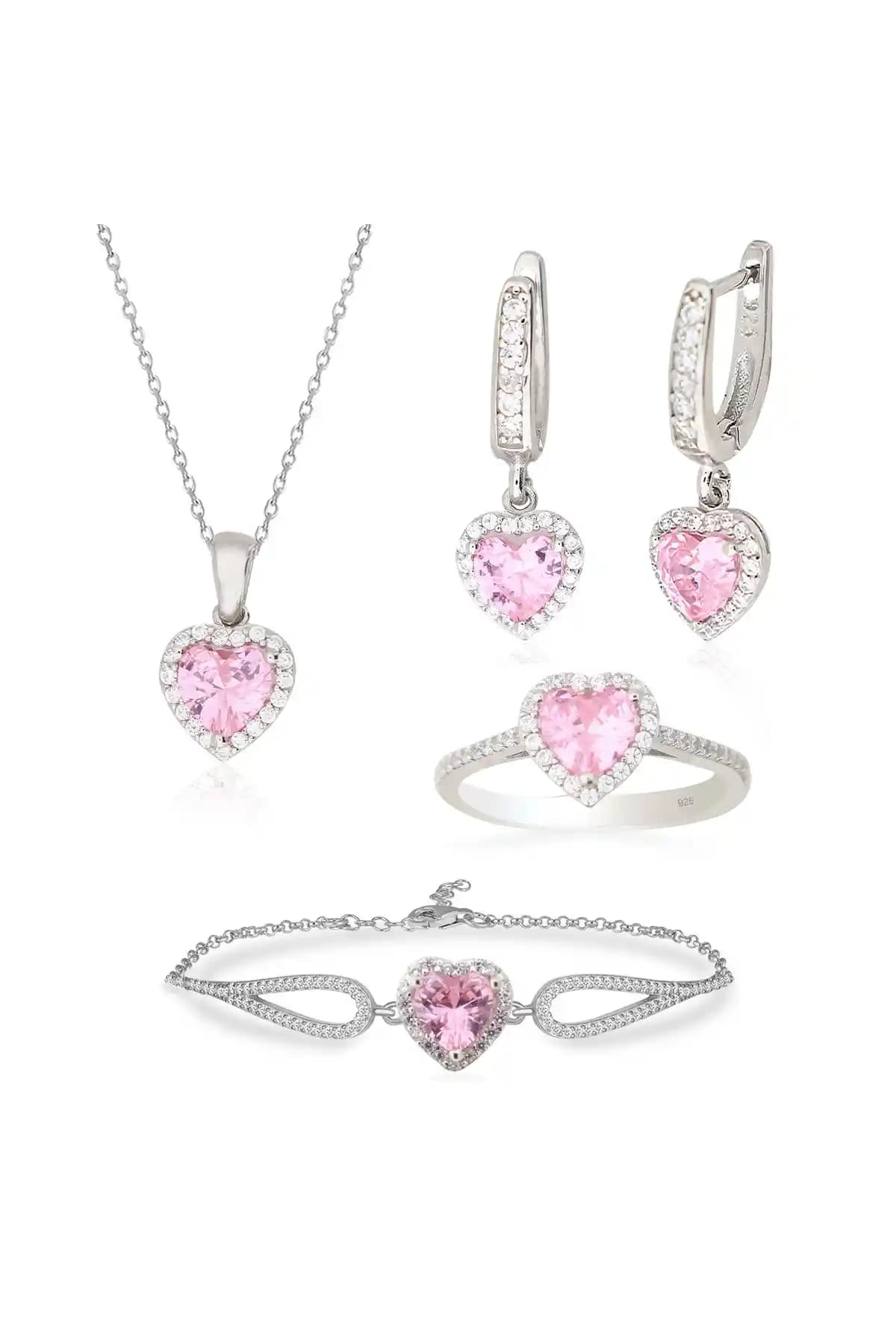 Silveranka 925 Ayar Gümüş Pembe Kalp Takı Seti Zarif ve Şık Tasarım ile Öne Çıkar