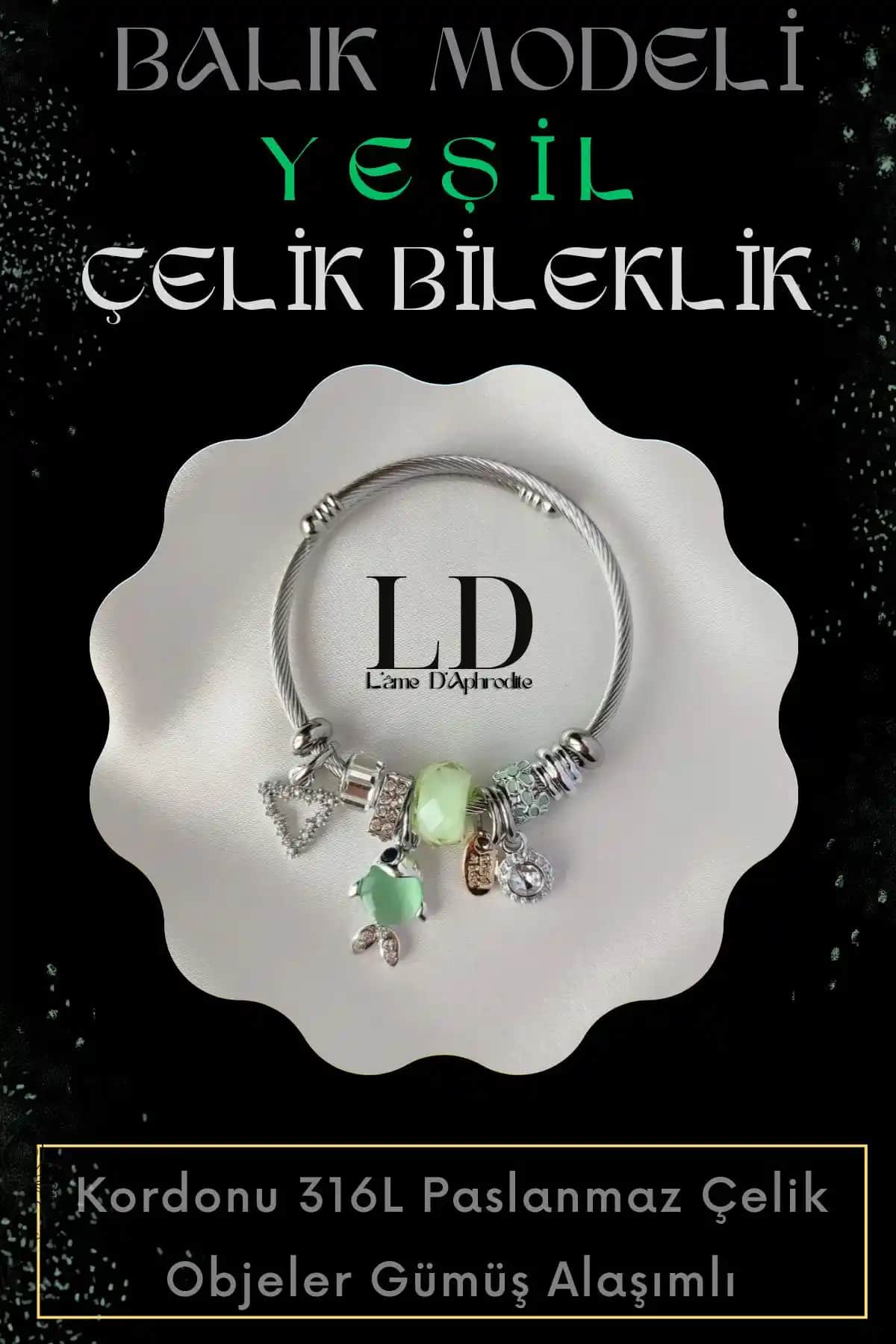 Siyah Kadın Yeşil Balıklı Halkası Charmlı Paslanmaz Çelik Bileklik: Modern ve Dayanıklı Tasarım