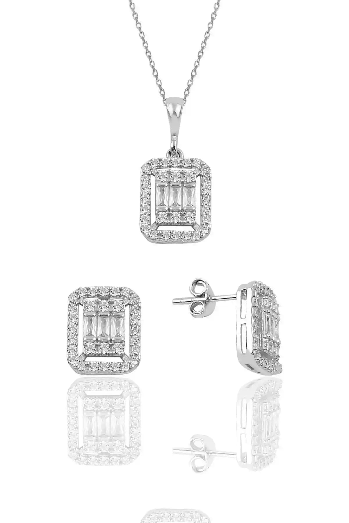 Söğütlü Silver Rodyum Kaplamalı Gümüş Baget Taşlı İkili Takı Seti