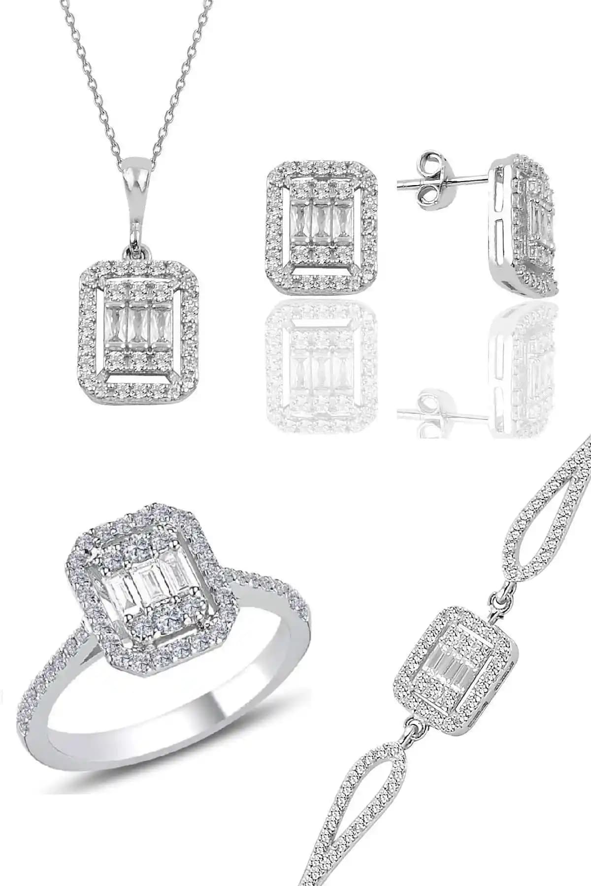 Söğütlü Silver Rodyum Kaplamalı Gümüş Takı Seti Kadın ve Erkekler İçin Zarif Tasarım