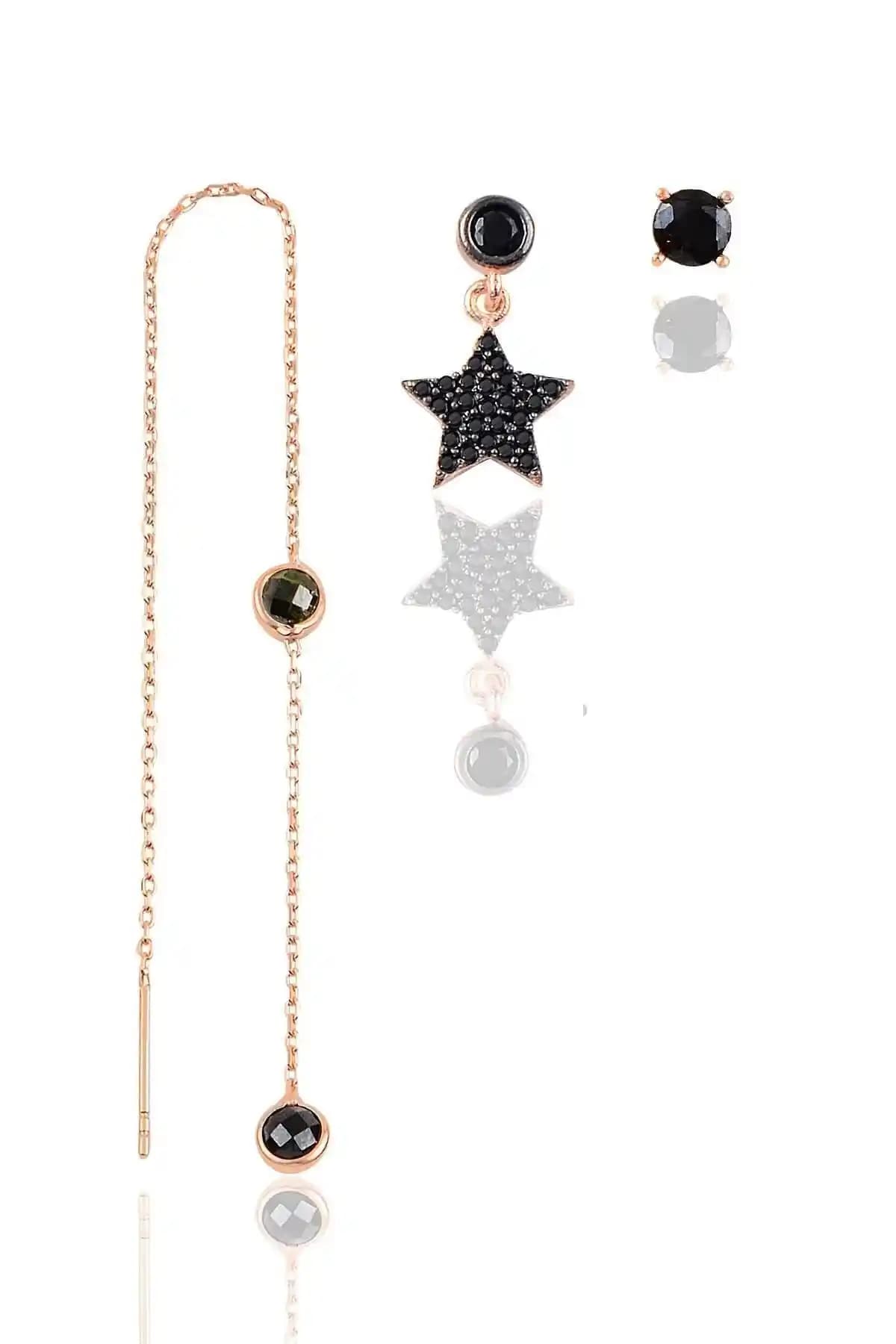 Söğütlü Silver Rose Onix Taşlı Yıldız Üçlü Küpe Seti Zarif ve Çok Yönlü Tasarım