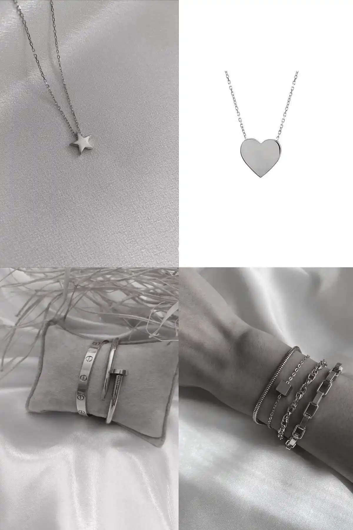 X-Lady Accessories Gümüş Renk Kombin Kalp Yıldız Çivi Takı Koleksiyonu