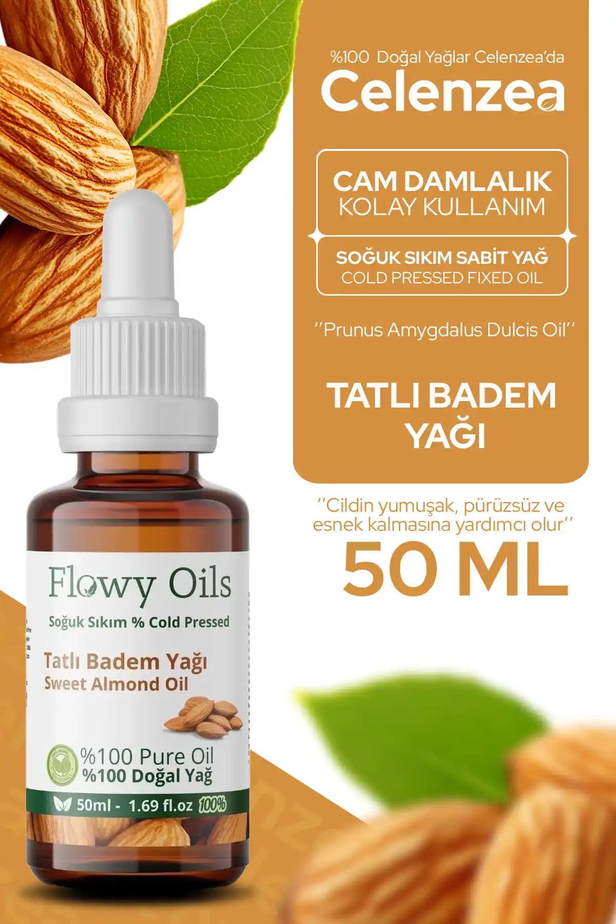 Celenzea Tatlı Badem Yağı 50 ml | %100 Doğal Soğuk Pres Bitkisel Yağ