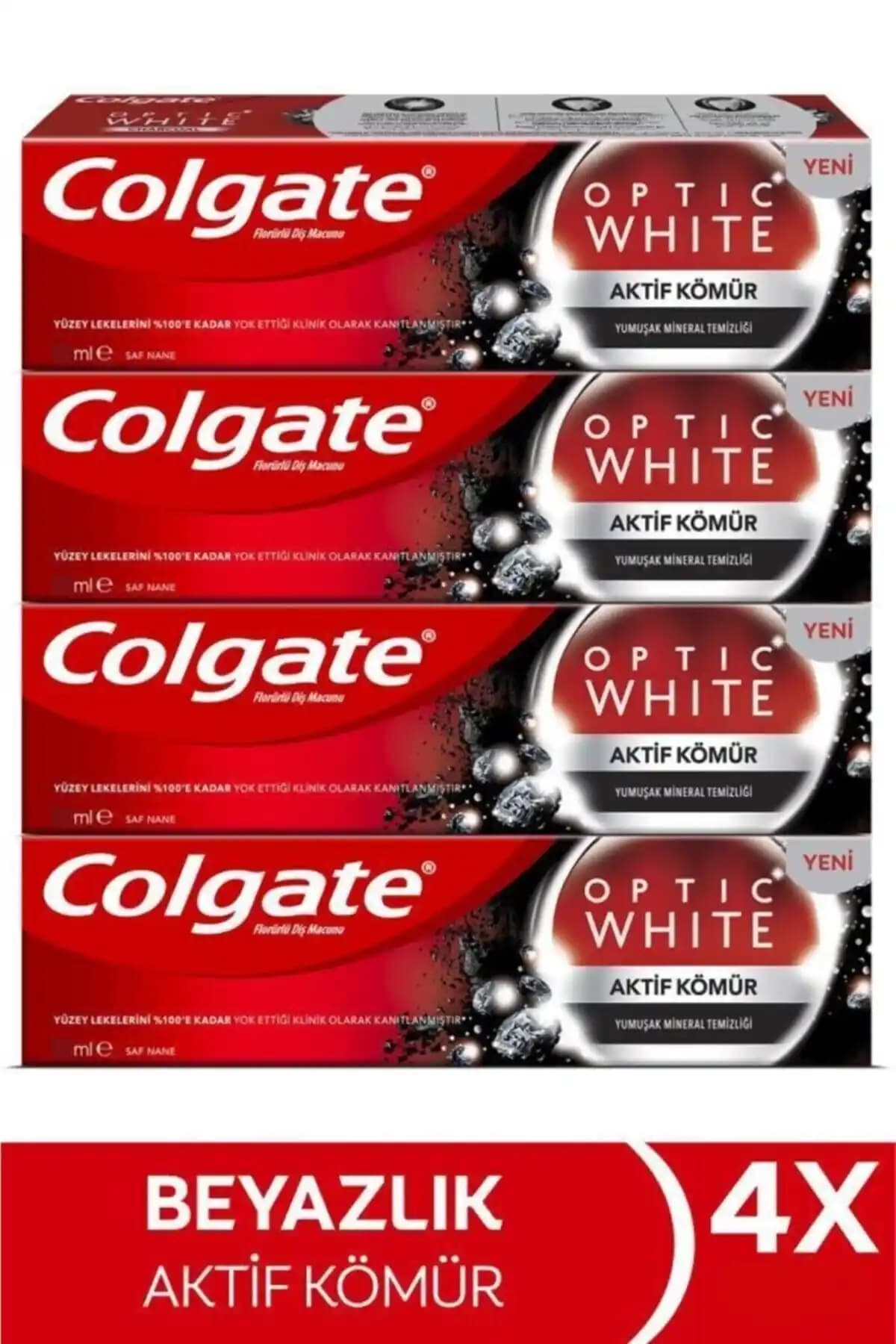 Colgate Optic White Aktif Kömürlü Yumuşak Mineral Temizleyici Beyazlatıcı Diş Macunu 4x50ml