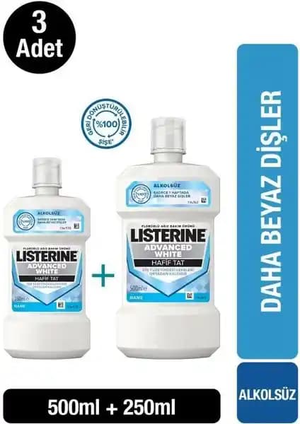 Listerine Advanced White Hafif Tat Ağız Bakım Suyu 750 ml ile Etkili Diş Beyazlatma ve Ferahlık
