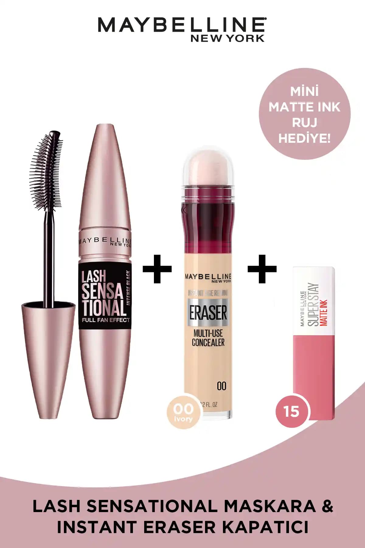 Maybelline New York Lash Sensational Maskara, Instant Eraser Kapatıcı ve Matte Ink Ruj Seti