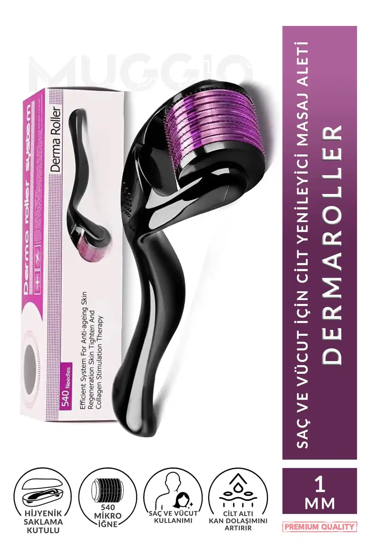Muggio Titanyum Uçlu DermaRoller 1 mm ile Cilt, Yüz, Vücut ve Saç Yenileme
