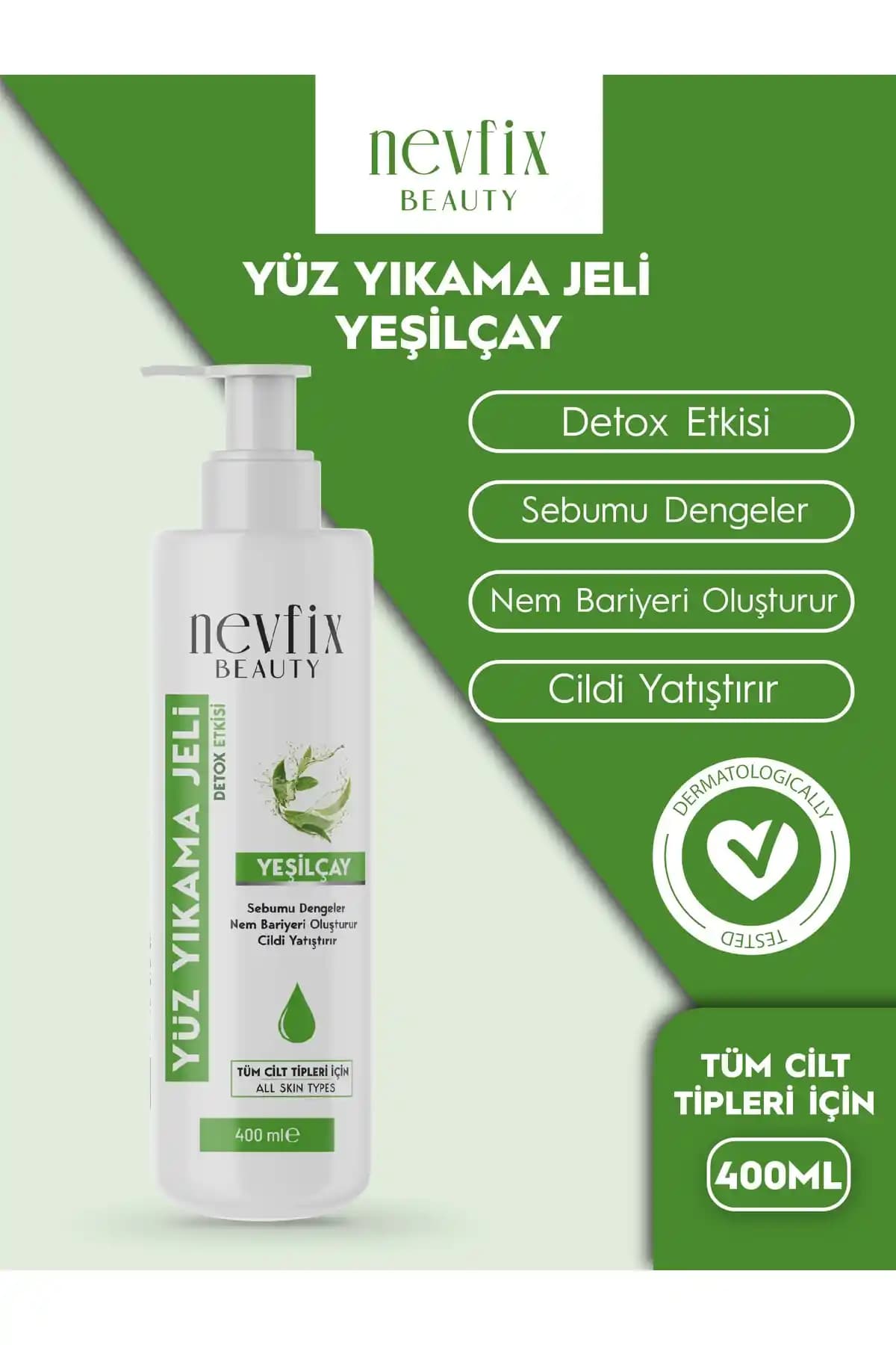 Nevfix Beauty Yeşil Çay Özlü Detoks Etkili Yüz Yıkama Jeli 400 ML - Derinlemesine Temizlik ve Nemlendirme