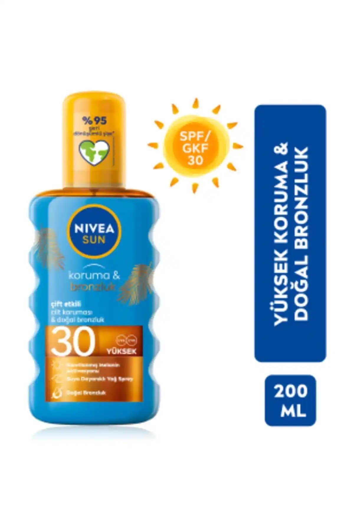 NIVEA Sun SPF30 Koruma & Bronzluk Güneş Yağı 200 ml Sprey ile Etkili Cilt Koruması