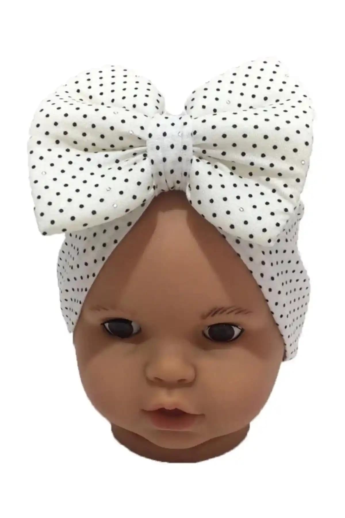ÖZLEM BEBE Kız Bebek Beyaz Puanlı Fiyonklu Bone %100 Pamuklu Konforlu Tasarım