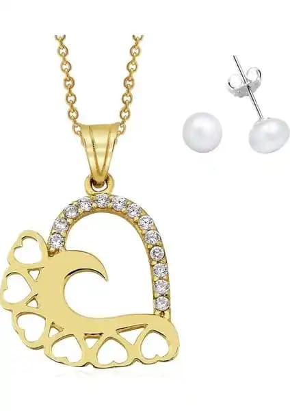 AltınSepeti Altın Kalp Kolye ve İnci Küpe Takımı Şıklık ve Anlam Bir Arada