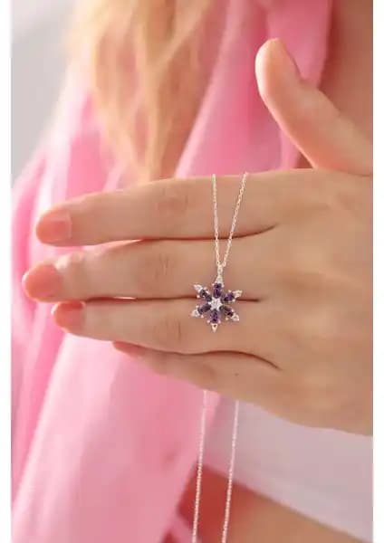 Bilsen Store 925 Ayar Gümüş Zincirli Ametist Damla Taşlı Lotus Çiçeği Kolye