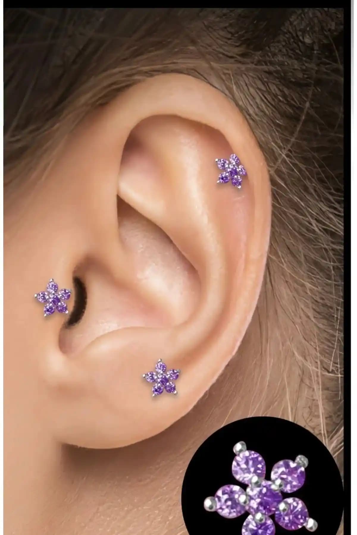 Çelik Ametist Taşlı Helix ve Kıkırdak Piercingleri: Dayanıklı ve Şık Tasarımlar