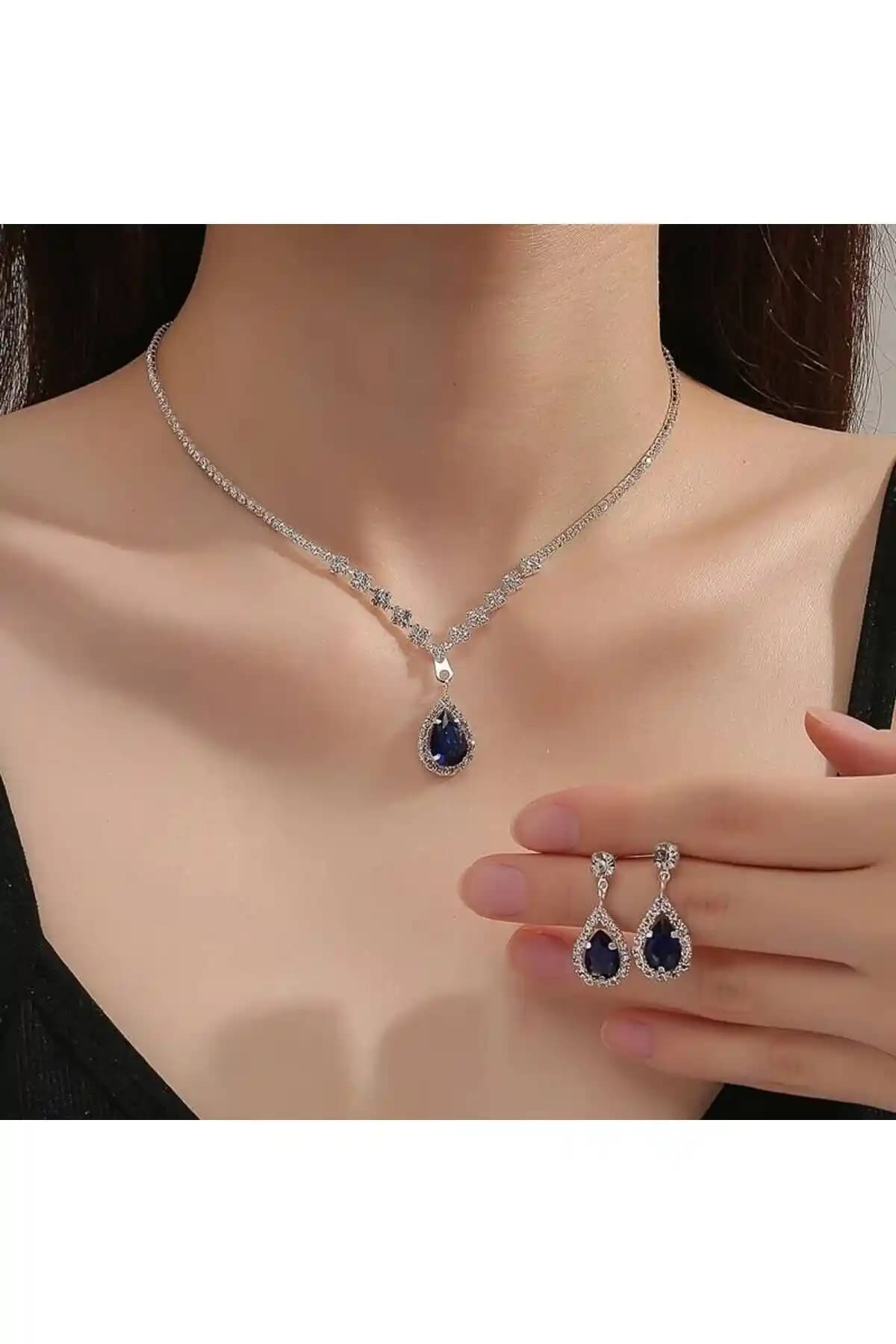 Estilo Lingerie Mavi Damla Taşlı Su Yolu Zirkon Takı Seti Şıklık ve Zarafetin Buluşması