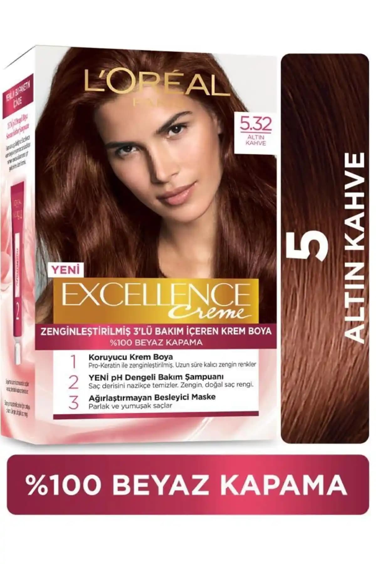 L'Oréal Paris Excellence Creme 5.32 Altın Kahve Saç Boyası Kalıcı ve Güvenli Renk Sağlar