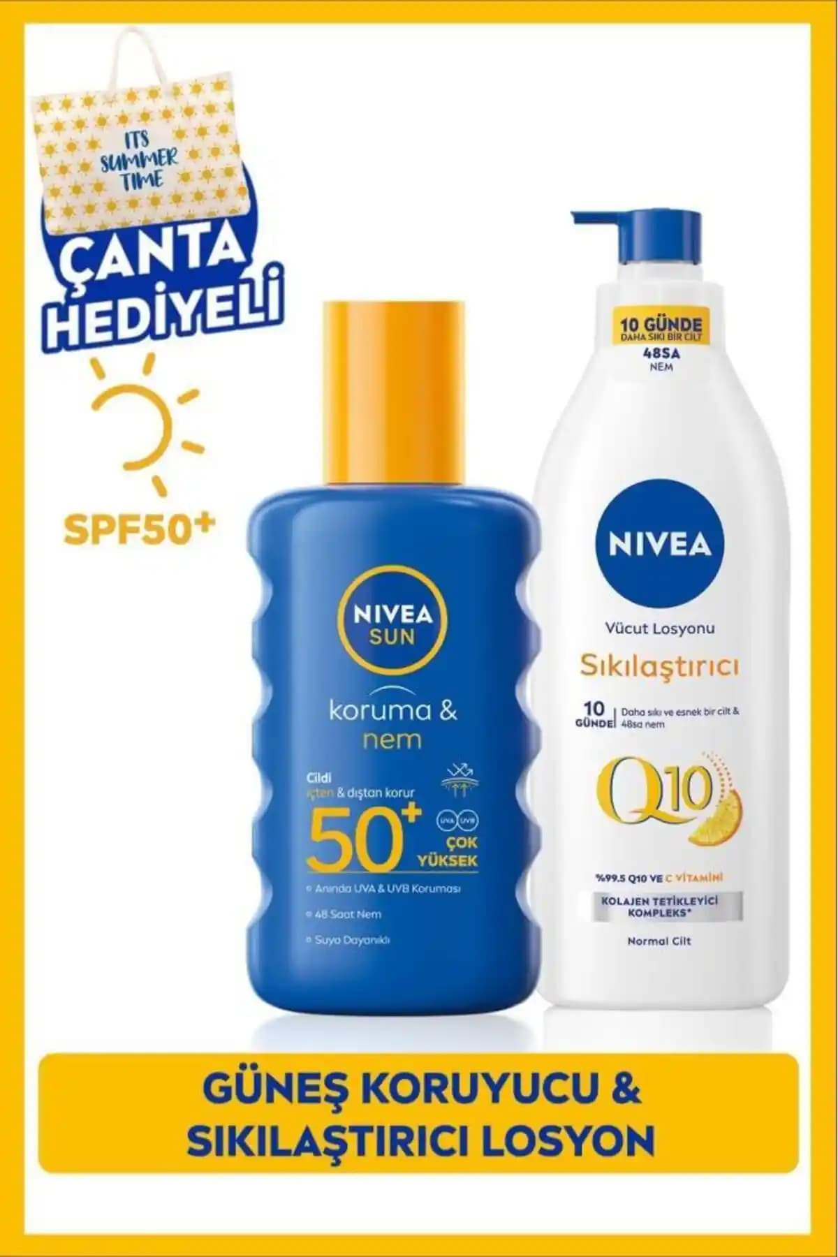 NIVEA Sun SPF50 Güneş Koruyucu Sprey ve Q10 Sıkılaştırıcı Vücut Losyonu Ürünleri