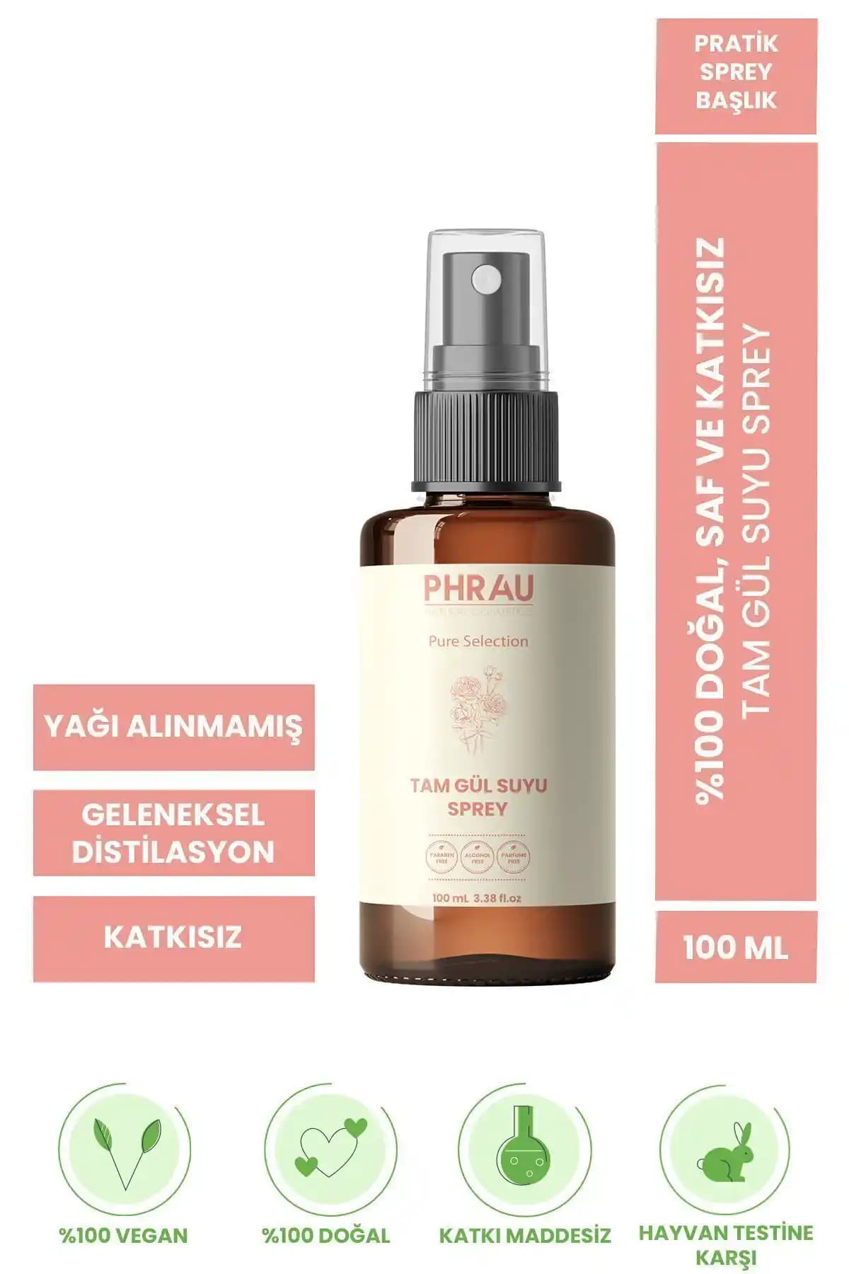 Phrau %100 Doğal Gül Suyu Tonik Sprey 100 ml - Saf ve Katkısız Doğal Cilt Bakımı