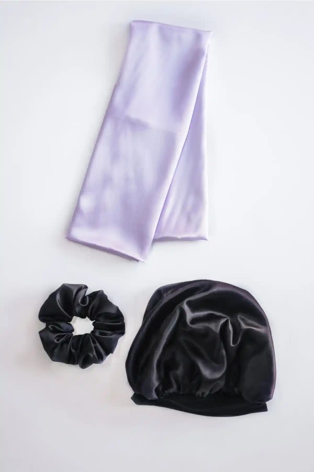 Pistore Kıvırcık Saçlar İçin Siyah Saten Bone, Lila Yastık ve Toka Seti Özellikleri ve Kullanım Avantajları