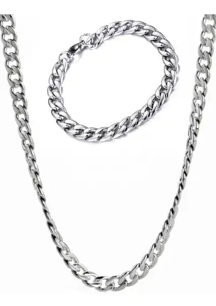 Takı Dükkanı Gurmet Erkek Çelik Kolye ve Bileklik Seti 8mm Kalın Tasarım