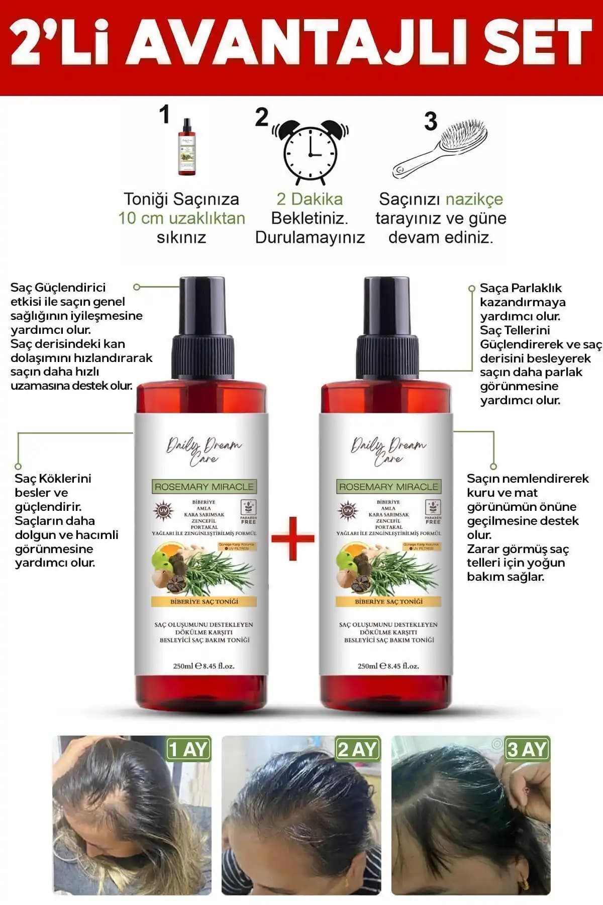 True Bee 2'li Biberiye Saç Toniği Seti: Doğal ve Etkili Saç Bakım Çözümü