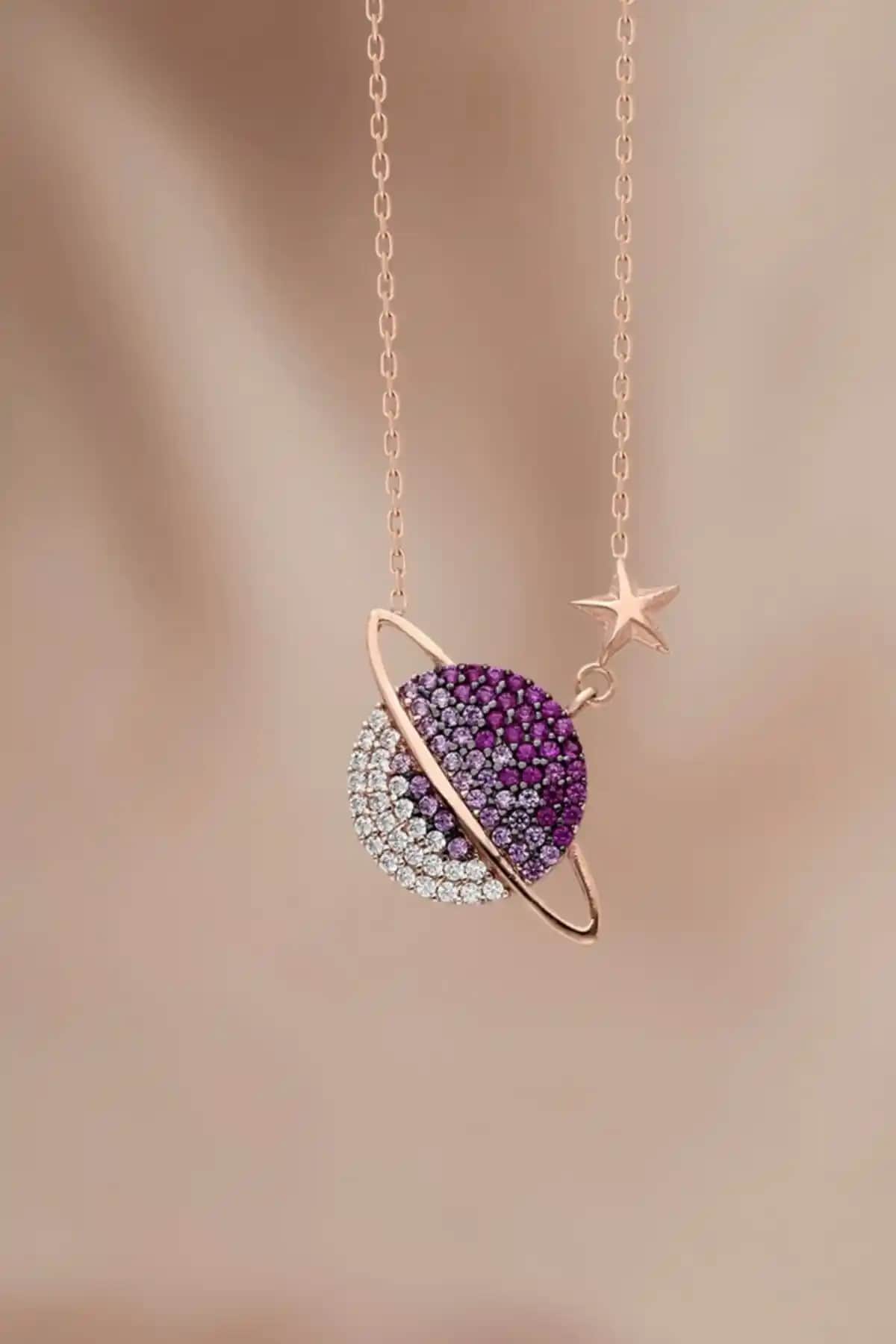 925 Ayar Güçlü Zincirli Rose Kaplama Kızıl Renk Geçişli Modern Kolye