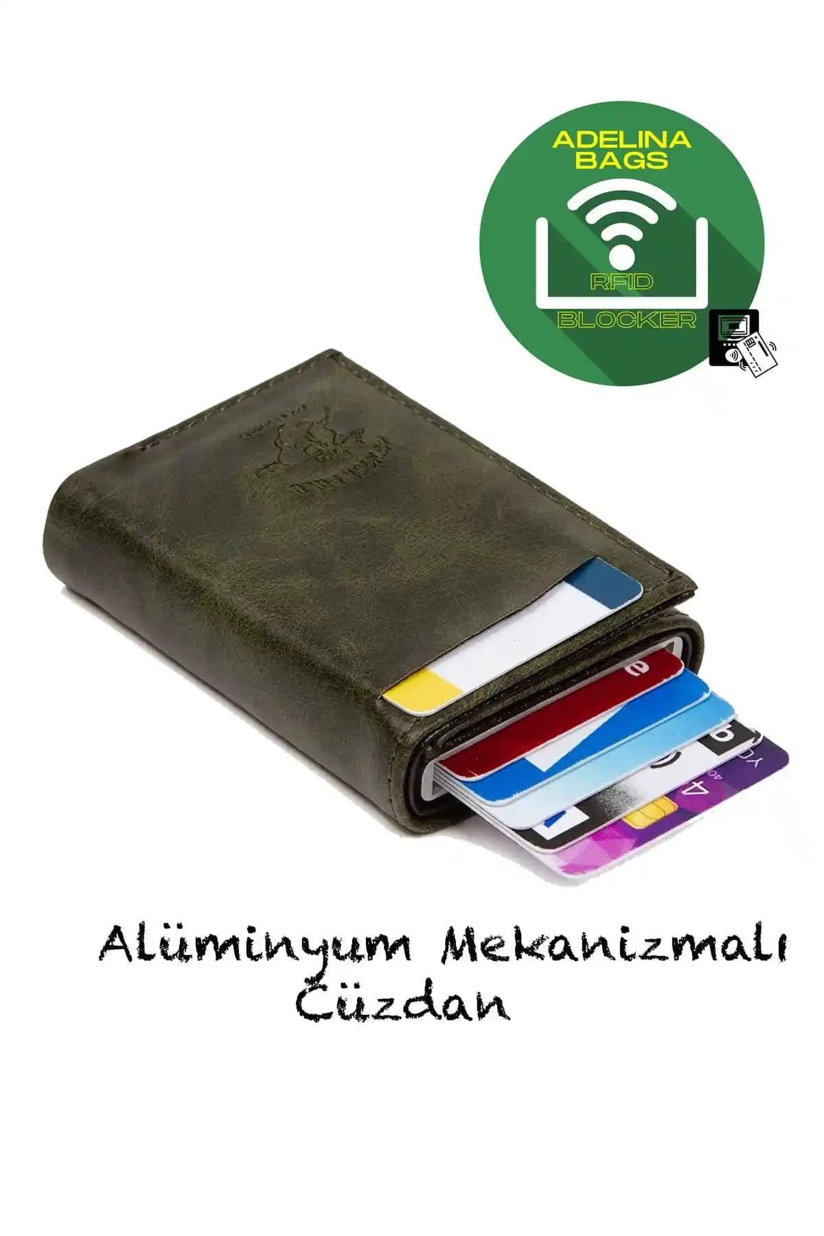 Adelina Unisex Haki Crazy Deri Mekanizmalı Otomatik Kartlık Cüzdan Modern ve Güvenli Tasarım