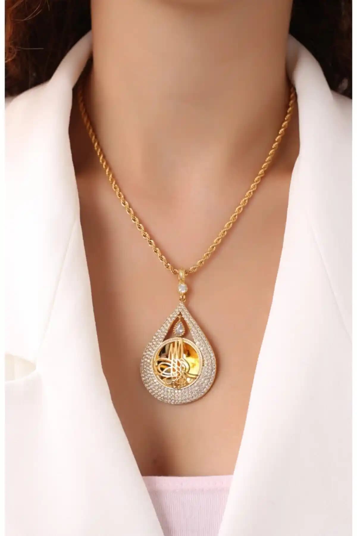 ADGOLD 22 Ayar Altın Kaplama Tuğralı Damla Model Kolye Günlük ve Özel Kullanım İçin