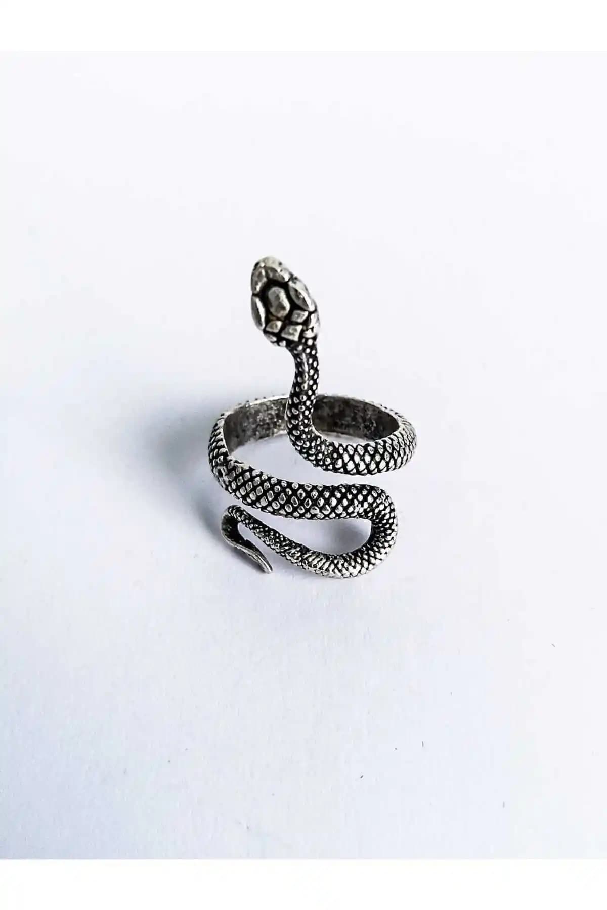 Antik Dolunay Yılan Şekilli Unisex Gümüş Kaplama El Yapımı Yüzük