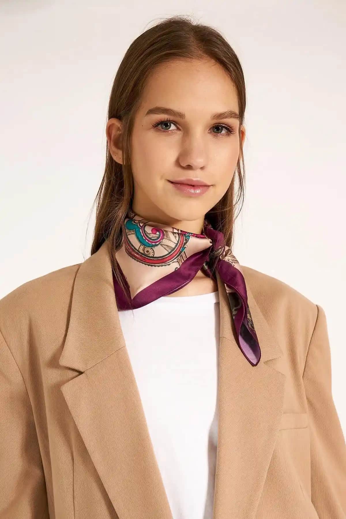 Axesoire 13458 Mor Desenli Geometrik Desenli Bandana Fular Kadın Aksesuarı