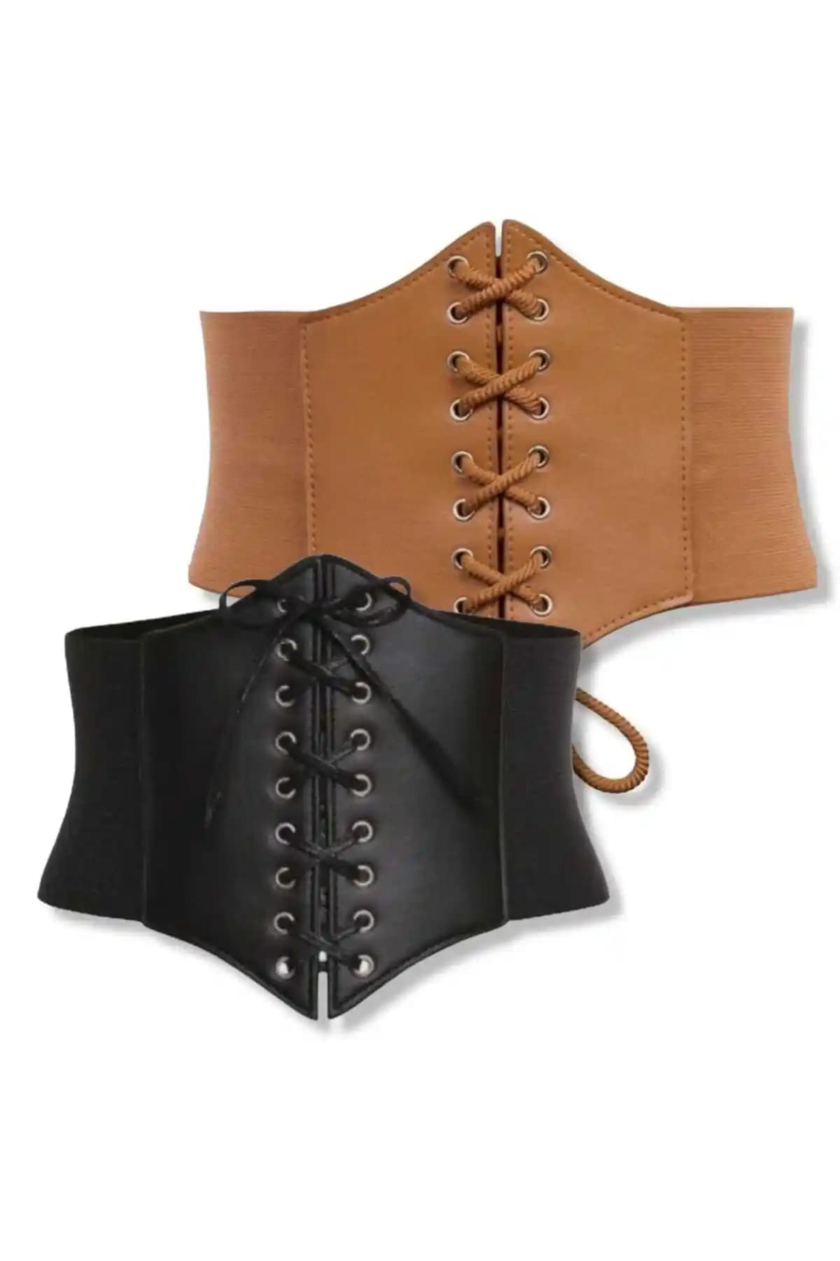 BellaVino Kadın Siyah Taba Lastikli Korse ve Kalın Kemer Şıklık ve Konfor Bir Arada