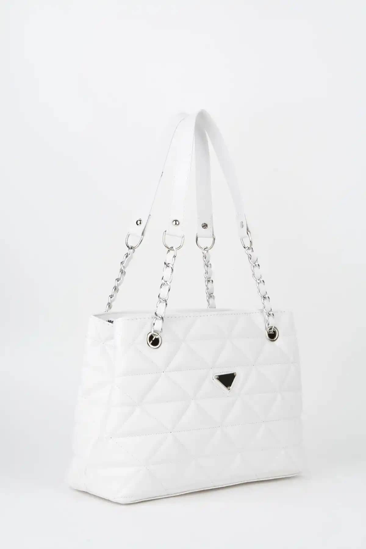 Çanta Park Beyaz Deri Kapitone Çok Bölmeli Askılı El ve Omuz Çantası