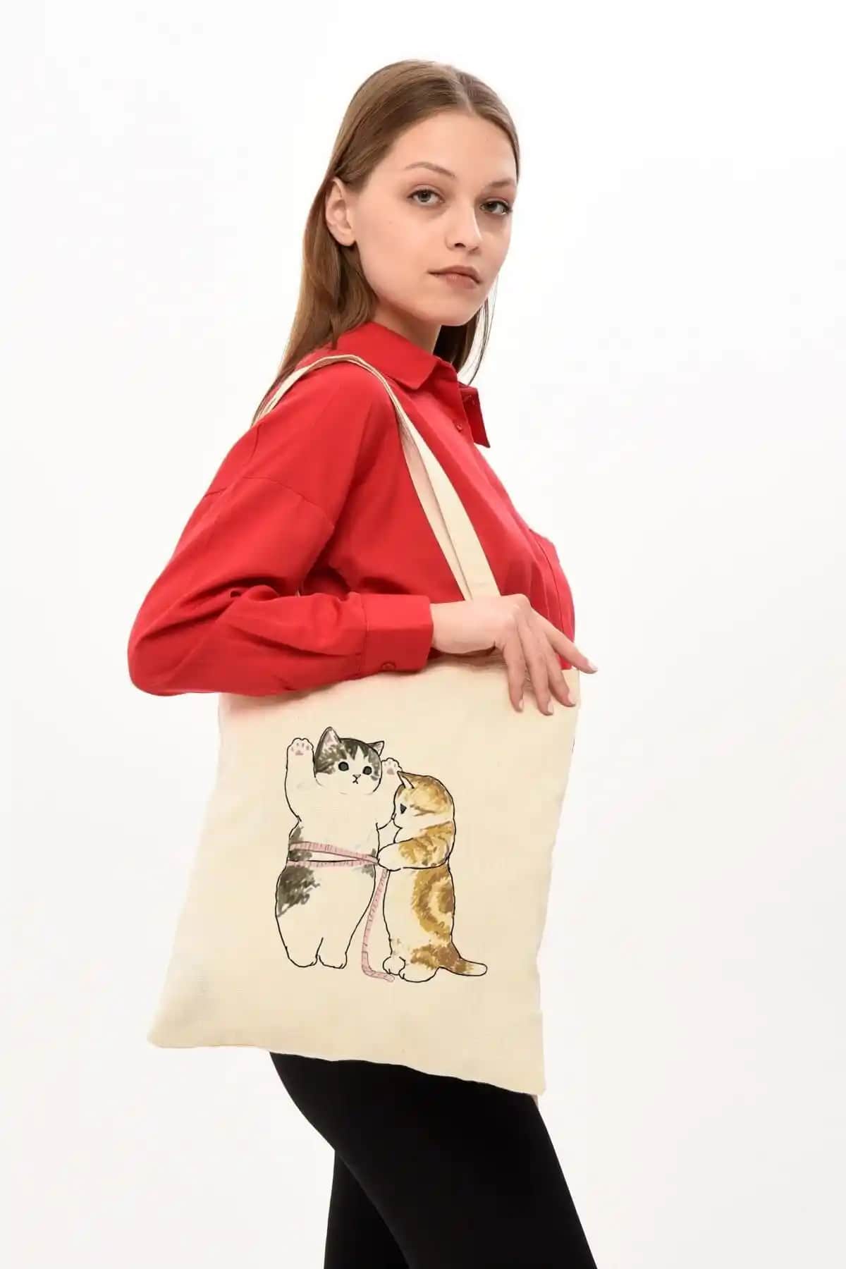 Çınar Bez Çanta Cats Baskılı Doğa Dostu Pamuklu Günlük Kullanım Çantası